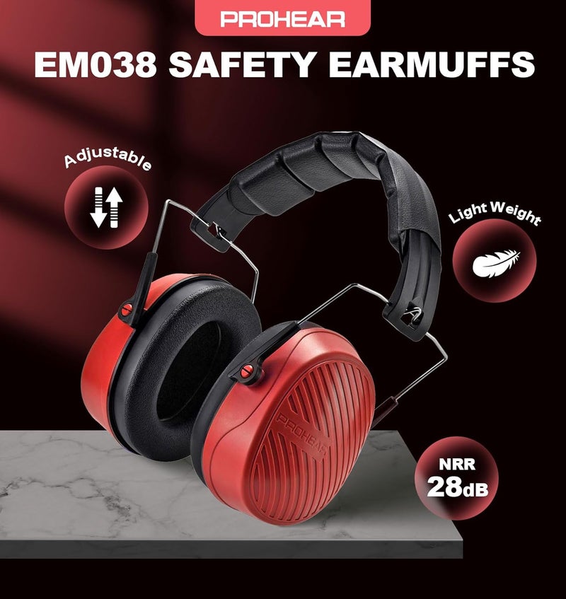 PROHEAR 038 Ear Protection Safety Earmuffs for Mowing, 28dB Noise Reduction Passive Hearing Protector, Compact Foldable Headset for Shooting Construction Power Tools, Red - Image 2